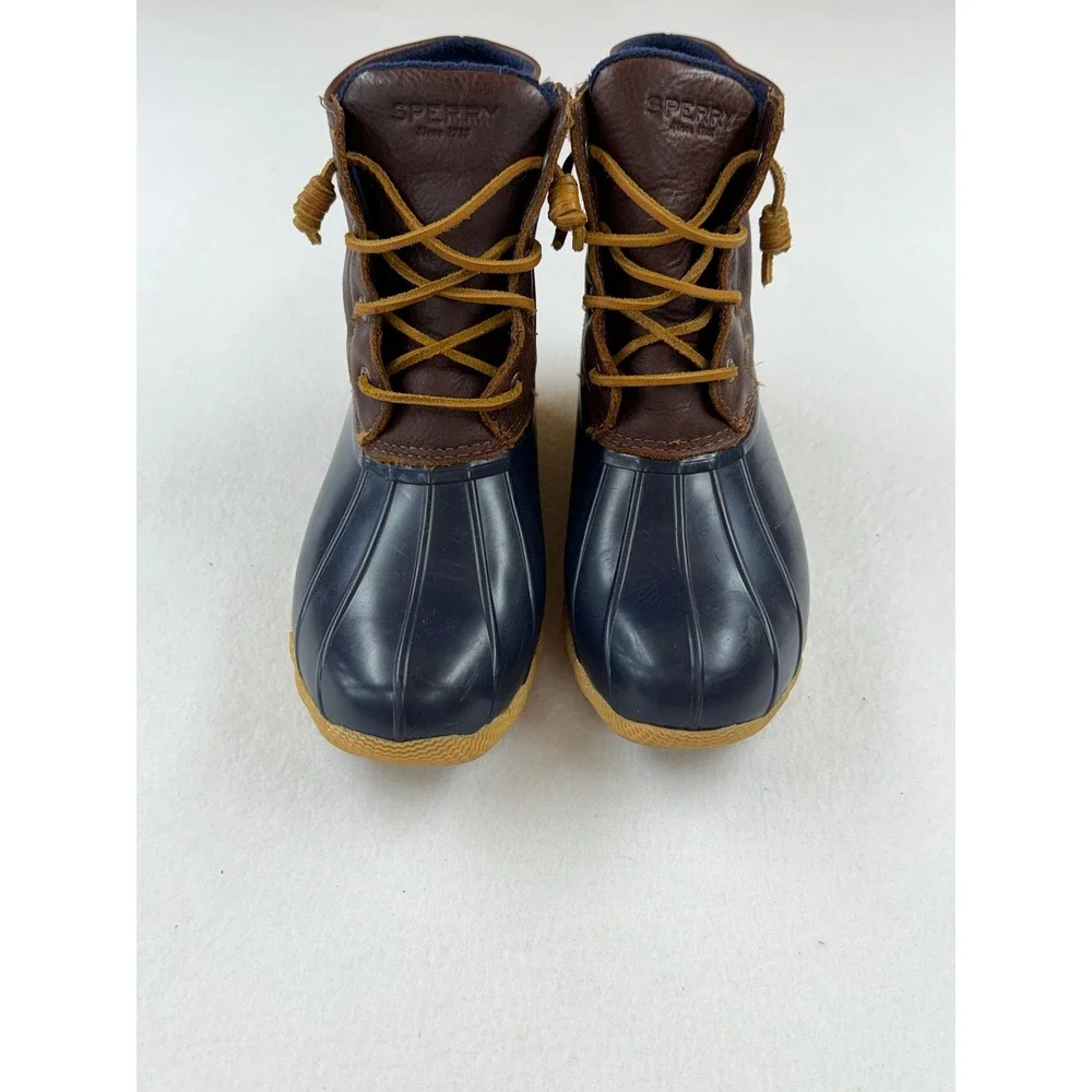 Sperry Saltwater Duck Boots Navy Tan Leather Rubber Rain Boots STS91175  8W